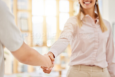 Buy stock photo B2B partnership meeting and business people handshake for welcome, collaboration or company teamwork, success and innovation. Happy woman and man shaking hands for deal, thank you or job promotion