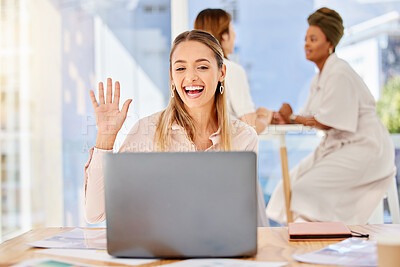 Buy stock photo Business woman, video call and communication with 5g network, laptop and technology in luxury spa with smile. Video conference, virtual and happy girl with computer smiling, conversation or webinar