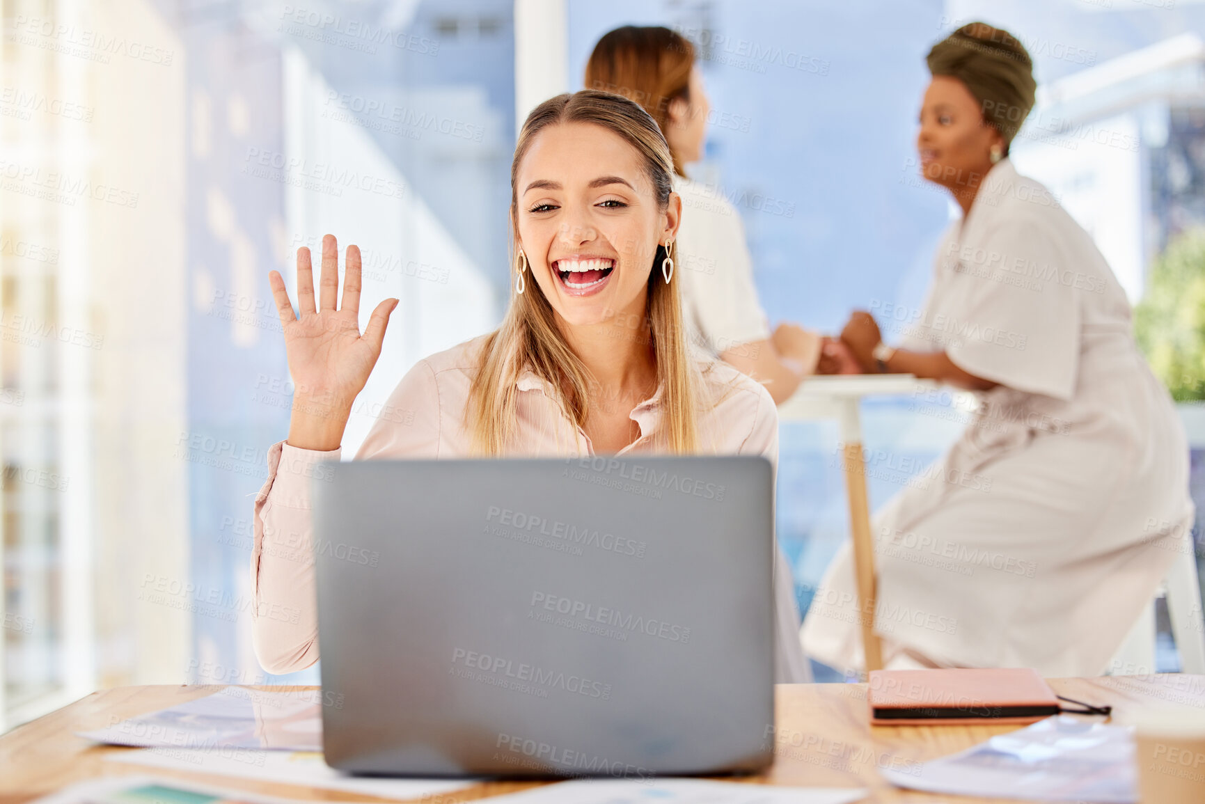 Buy stock photo Business woman, video call and communication with 5g network, laptop and technology in luxury spa with smile. Video conference, virtual and happy girl with computer smiling, conversation or webinar