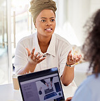 Stress, angry and frustrated business woman talking to HR about a work conflict or mistake at her corporate job. Upset entrepreneur annoyed with deadline and workload, overworked in a toxic workplace