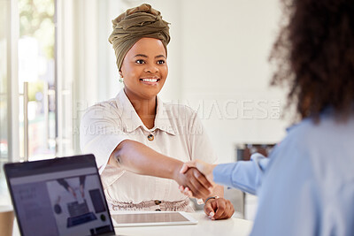 Buy stock photo Women B2B partnership and collaboration handshake of business people in digital marketing meeting. Happy smile of woman and HR or Human Resources hiring manager shaking hands in recruitment interview