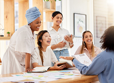 Buy stock photo Happy workers, digital marketing and women empowerment during creative business meeting for planning, collaboration and innovation in group or team. Teamwork, strategy and ideas with documents 