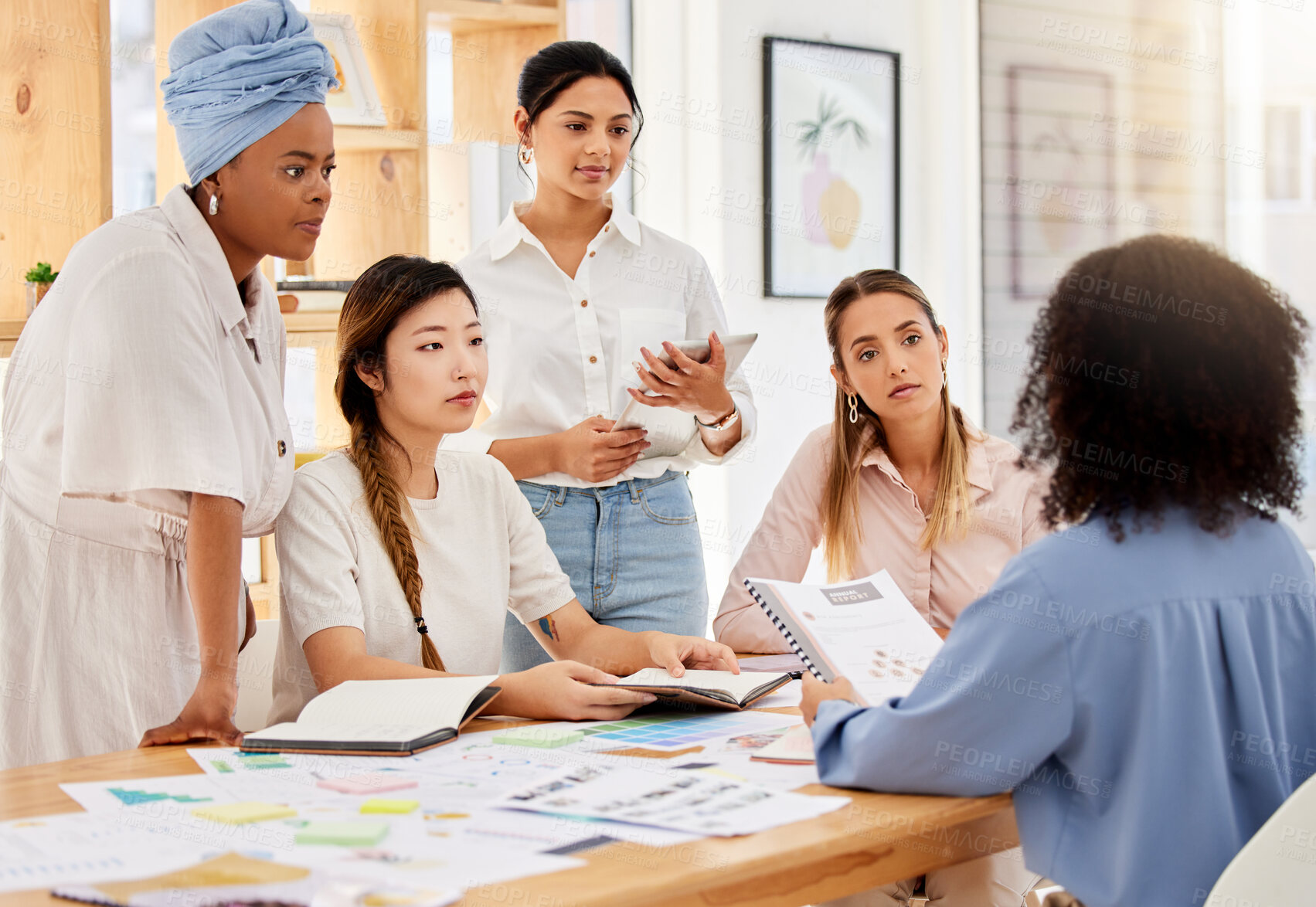 Buy stock photo Leadership, collaboration and teamwork with business woman in discussion with leader, planning creative strategy. Corporate employee sharing goal and vision on group project, inspired team motivation