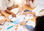Logo, branding and team of designers in a business meeting collaboration planning and designing a creative advertising strategy. Graphic, agency and people in conversation on marketing color palette 