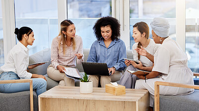 Buy stock photo Startup, strategy and collaboration on laptop with business women group effort for project design in a corporate office. Diverse employee discussing and planning while sharing their opinion and goals