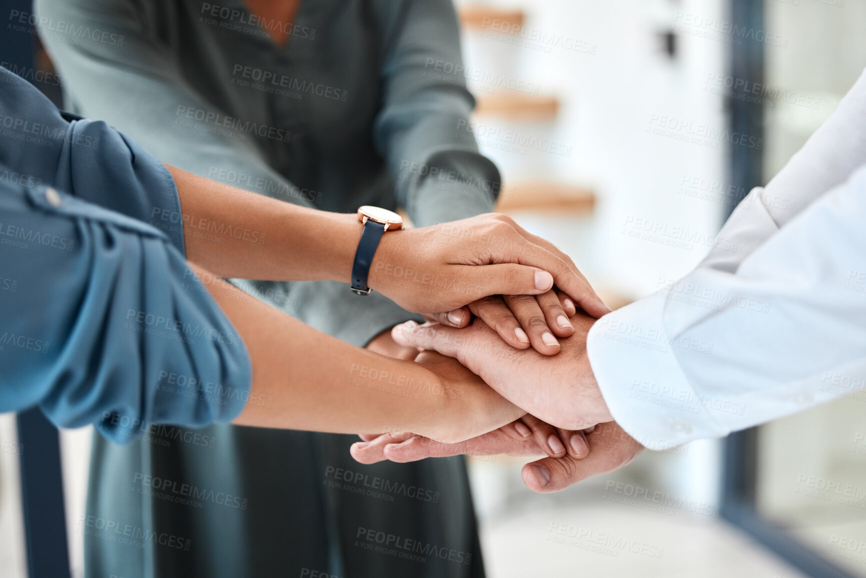 Buy stock photo Hands, teamwork and collaboration of employee trust and support at the office or workplace. Diverse group of business people at hand together as a team at work in unity for company goals and success
