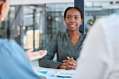Buy stock photo Black woman, business meeting and planning with teamwork, collaboration and strategy reports in startup agency. African american worker talking, speaking and discussion with office team for analysis