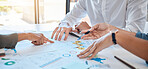Business planning team, collaboration and marketing analytics at a creative agency or company with hands, paperwork closeup. Group of project management people discussion of finance, chart and graph