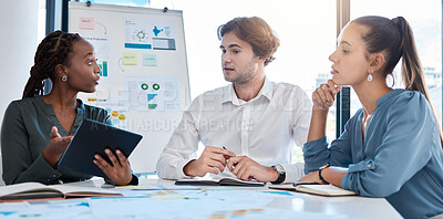 Buy stock photo Teamwork collaboration, business planning and diversity team in a office strategy meeting. Corporate staff working with job idea communication together thinking of company marketing project ideas