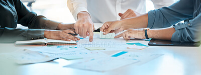 Buy stock photo Business teamwork hands, paperwork graphs and planning annual report data, research and office budget. Company discussion with documents in strategy meeting, analytics progress and financial stats