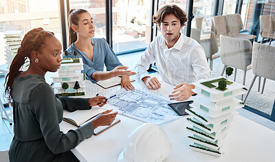 Buy stock photo Architect team, collaboration and planning in meeting discussion for architecture design plan or 3D model at the office. Diverse business people talking in teamwork strategy for building prototype