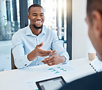 African man in business meeting with CEO planning corporate success strategy with graph and chart paperwork. Black businessman with idea presentation for boss or management leader at company office