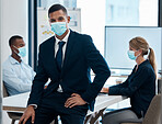 Businessman with covid face mask in meeting, leader in training workshop and coaching employees on corporate strategy at work. Portrait of manager, boss or worker in suit for success and management