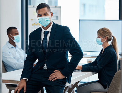 Buy stock photo Businessman with covid face mask in meeting, leader in training workshop and coaching employees in compliance with rules and regulations at work. Portrait of manager, boss or worker in management