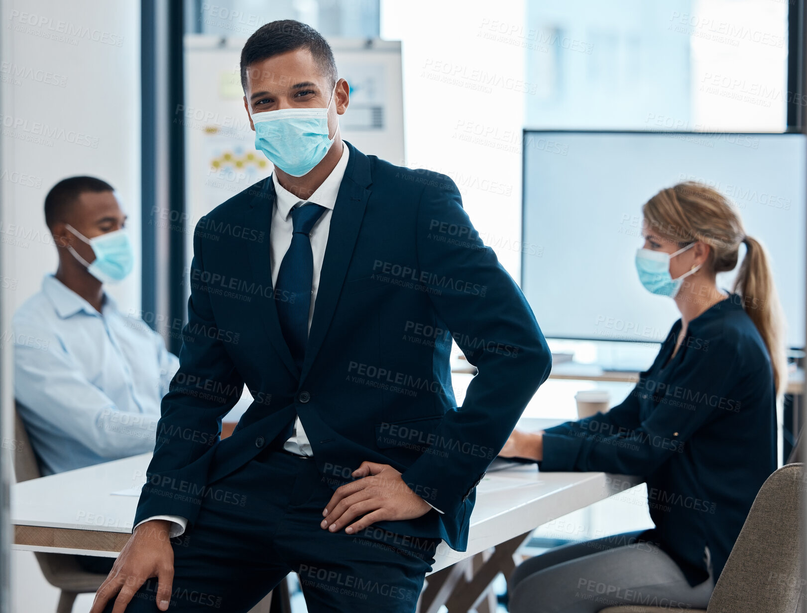 Buy stock photo Businessman with covid face mask in meeting, leader in training workshop and coaching employees in compliance with rules and regulations at work. Portrait of manager, boss or worker in management