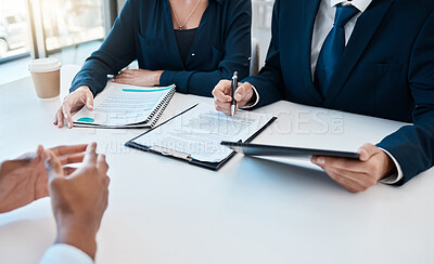 Buy stock photo Business people, legal team and contract sign meeting, lawyer consulting and documents planning in office. Closeup hands, company tax audit and hiring application with attorney, hr and recruitment
