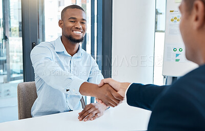 Buy stock photo Hiring, interview and b2b handshake by business men planning and discussing career goals in a corporate office. Partner collaboration or integration deal, happy employee excited about job opportunity
