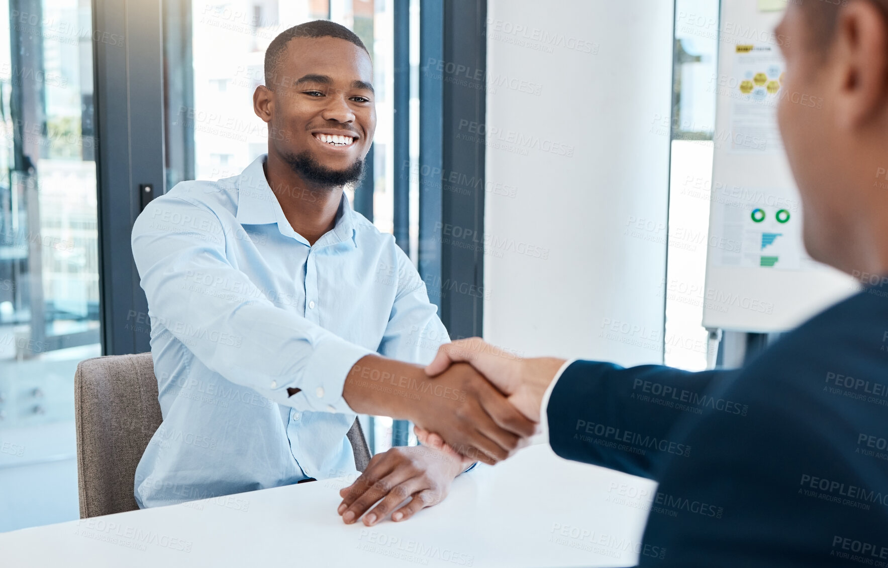 Buy stock photo Hiring, interview and b2b handshake by business men planning and discussing career goals in a corporate office. Partner collaboration or integration deal, happy employee excited about job opportunity