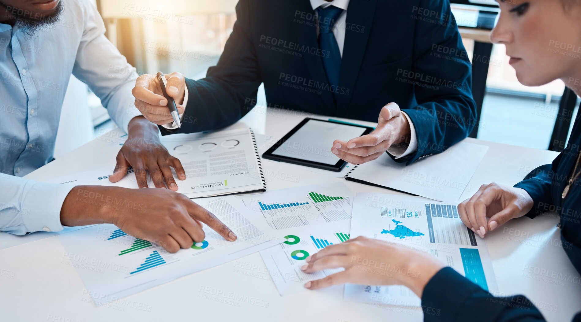 Buy stock photo Corporate, digital tablet and paper statistics analysis by professional team in business meeting. Financial group of consulting on data, graphs and analytics charts for company development in office.