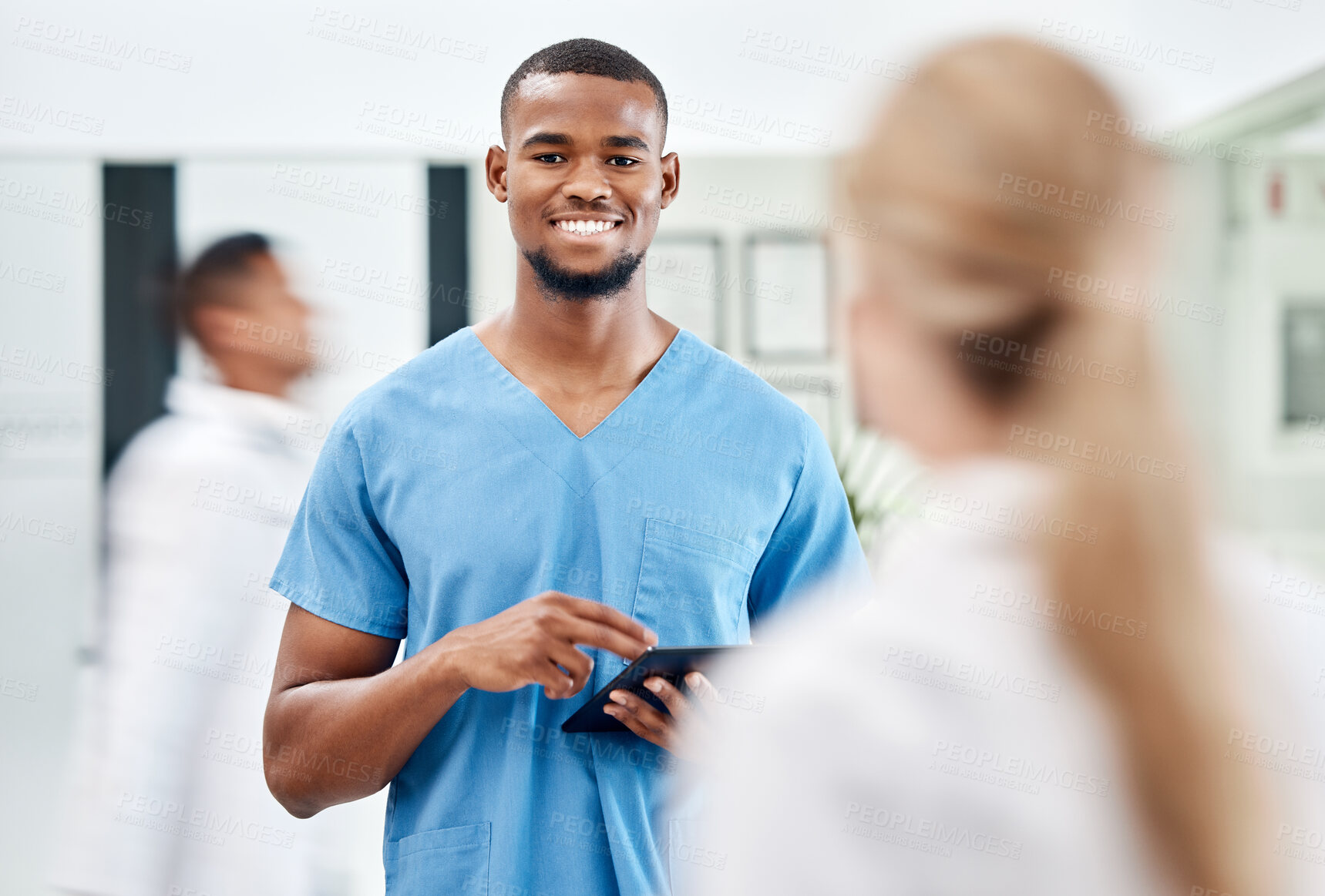 Buy stock photo Male nurse, surgeon or doctor with tablet and 5g network medical research, information technology or answer online consultation with medical insurance. Healthcare, portrait and smile of man using app