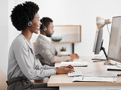 Buy stock photo Call center worker talking on online communication with computer in office, giving advice at telemarketing company and consulting on internet. Happy customer service consultant giving support