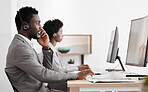 Support, consulting and a black man and woman in call center with headset and computer, help in customer service. Crm, telemarketing and sales for corporate communication employee talking on phone.