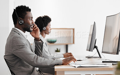 Buy stock photo Support, consulting and a black man and woman in call center with headset and computer, help in customer service. Crm, telemarketing and sales for corporate communication employee talking on phone.