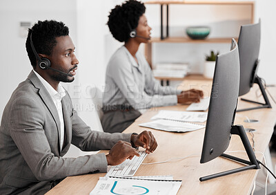 Buy stock photo Call center worker in communication with people on internet online with computer at work, customer care help and support consulting at crm company. African telemarketing employee working in office