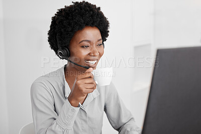 Buy stock photo Call center, customer support and coffee with a woman consultant working on a computer in her office. Telemarketing, crm and contact us with a female consulting for help and service with a headset