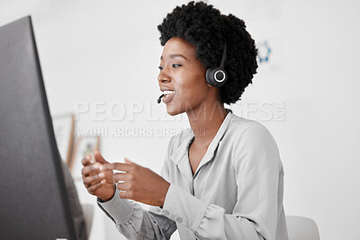 Buy stock photo Sales woman, call center agent and customer service support employee for advice, help and expert communication working on office computer. Young internet consultant, crm telemarketing and contact us