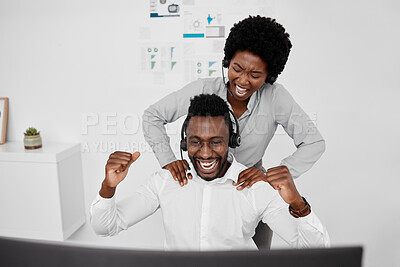 Buy stock photo Cheering, excited and celebrate call center agents, sales staff and lucky trader winning bonus, amazing success and victory achievement. Operator, support team and motivation, passion and agency deal