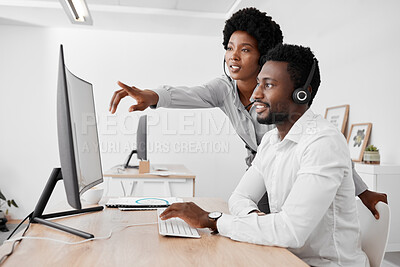 Buy stock photo Call center, agency and mentor in customer service and telemarketing business at the office. Black people in consulting, desk and contact us support in teamwork, employee advice and help at work