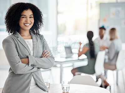 Buy stock photo Corporate woman manager in meeting, leadership of training workshop and coach in work conference at office. Portrait of happy, motivation and success leader of team, arms crossed in coaching seminar
