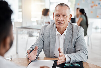 Buy stock photo Interview, human resources and meeting with a business man talking to an employee in the hiring and recruitment process. Teamwork, strategy and vision between and manager or leader and intern