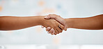 Handshake for support and partnership success, collaboration in team meeting and welcome  employee to startup company. Thank you after corporate deal and interview with business manager at office