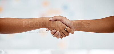 Buy stock photo Handshake for support and partnership success, collaboration in team meeting and welcome employee to startup company. Thank you after corporate deal and interview with business manager at office