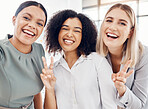 Selfie, team and portrait of business women happy, smile and silly during work break in office. Design, marketing and advertising diversity worker staff or girl friends together with peace emoji sign