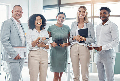 Buy stock photo Business corporate teamwork portrait, happy agency and successful collaboration, smile and motivation company staff in modern office. Diversity people, proud professionals vision and unity together