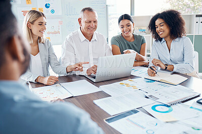Buy stock photo Finance, corporate, marketing team happy with KPI, working in office on laptop, setting goals and sales target. Diverse coworkers, collaboration and problem solving. Performance  review and analysis.