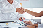 Businessman shaking hands with his partner to make a corporate deal at meeting in the office. Zoom of professional employees b2b welcome with handshake at company conference, workshop or convention