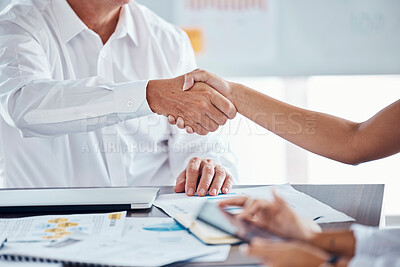 Buy stock photo Businessman shaking hands with his partner to make a corporate deal at meeting in the office. Zoom of professional employees b2b welcome with handshake at company conference, workshop or convention