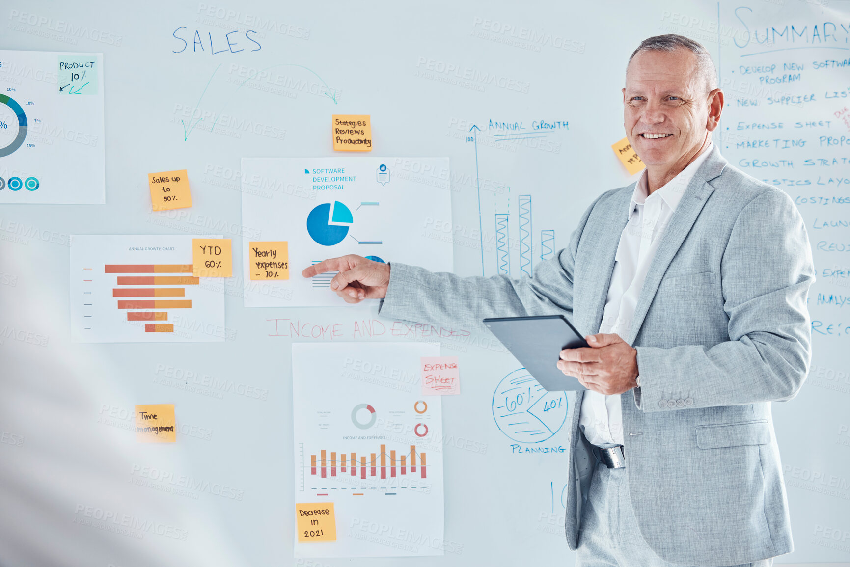 Buy stock photo Finance, accounting and presentation businessman, accountant or speaker with analytics data chart, financial report or update meeting. CEO, manager or boss presenter on company sales proposal review 