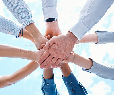 Buy stock photo Support, trust and hands of business people in circle for team building, motivation and success in corporate partnership. Growth, vision and global community collaboration in goal, mission and target