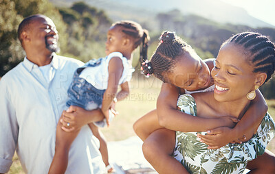 Buy stock photo Happy, picnic and care with black family at park for fun, summer and relax together enjoying their holiday vacation. Happiness, youth and bond with mother, father and children in outdoors