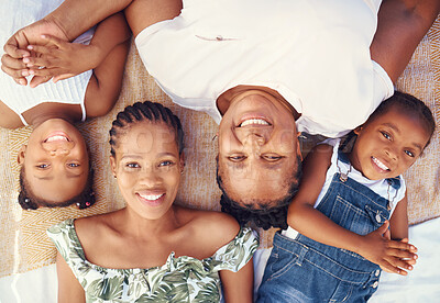 Buy stock photo Black family portrait with mother, grandma and children relax for summer vacation, holiday or happy break in sunshine. Big family and kids face smile together lying on ground at beach from above  