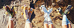 Roller skates, fun and adventure travel with friends group lifting legs and showing off retro skating footwear while outside. Group of women enjoying hobby, freedom and activity on holiday together