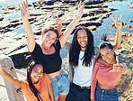 Rock hand sign, beach friends and portrait of travel people in nature during summer, smile for holiday by the ocean and happy on vacation by sea. Funny shaka gesture for diversity, comedy and crazy 
