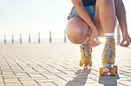 Roller skates and feet of a gen z teenager on summer holiday in city with sunshine mockup. Cool, trendy person or girl having fun with rollerblade or quad skating learning activity in town promenade