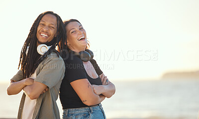 Buy stock photo Summer, beach and headphones of friends listening to music or podcast on a fun holiday or vacation by ocean or sea with sunshine and sky mockup. Friendship, fun and happy people with an online audio