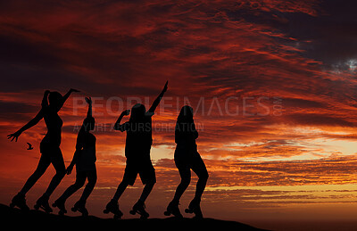 Buy stock photo Sunset, silhouette and roller skate friends out on an adventure or travel for fun while skating and watching horizon view with orange or red sky. Freedom, scenery and beauty of nature and friendship